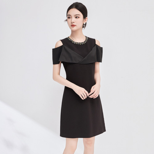 2413508-2024夏季南油重工釘鑽名媛氣質優雅女人露肩連衣裙女裝新