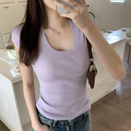 韓版低領背心針織打底衫女夏季薄款辣妹純欲簡約修身顯瘦t恤上衣