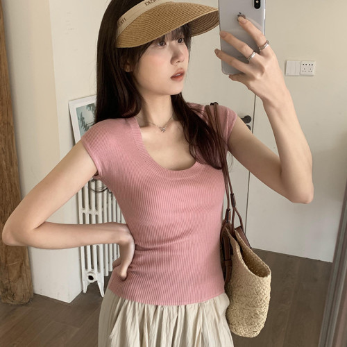 韓版低領背心針織打底衫女夏季薄款辣妹純欲簡約修身顯瘦t恤上衣