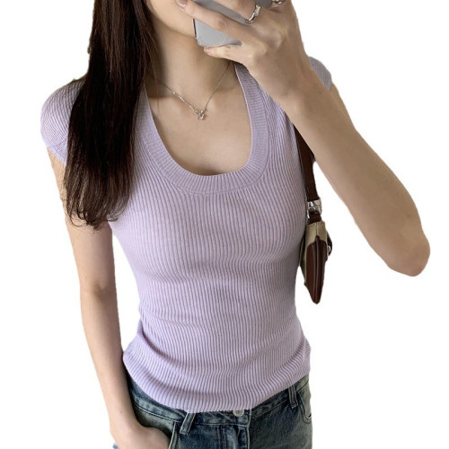 韓版低領背心針織打底衫女夏季薄款辣妹純欲簡約修身顯瘦t恤上衣