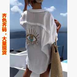 歐美女裝2024年春夏新款翻領長袖棉麻休閒時尚襯衫
