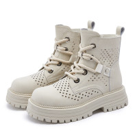 大黃靴女鏤空馬丁靴2024新款真皮女靴洞洞內增高鏤空馬丁靴女夏