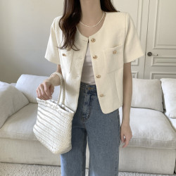 韓國chic夏季復古小香風圓領金屬紐釦寬松百搭短袖粗花呢外套女