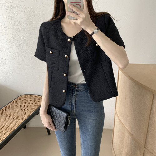 韓國chic夏季復古小香風圓領金屬紐釦寬松百搭短袖粗花呢外套女