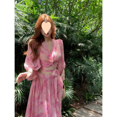 度假風穿搭海島套裝碎花褶皺領襯衫女春季高腰字裙半身裙兩件套