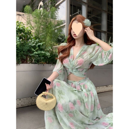 度假風穿搭海島套裝碎花褶皺領襯衫女春季高腰字裙半身裙兩件套