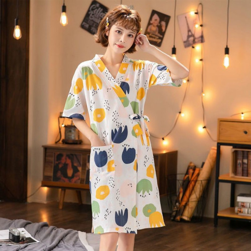 夏季睡袍女棉質春秋季女士日式性感短袖浴袍女居家服浴衣全棉晨袍