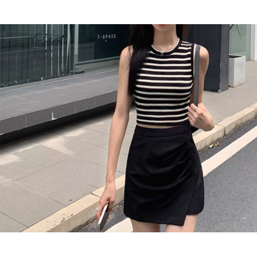 復古針織條紋工字背心女夏2025夏季新款圓領冰絲無袖外穿短款上衣