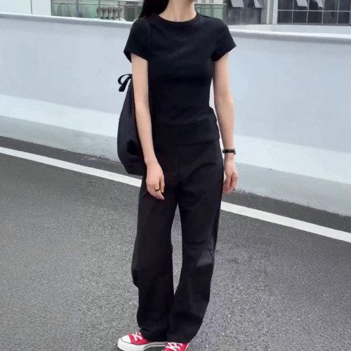 25550大愛美依緣2025夏季新款時尚簡約純色修身T恤休閒濶腿褲洋氣