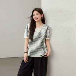【慵懶復古條紋知性假兩件T恤】纖莉秀大碼女裝胖mm2025夏裝新款