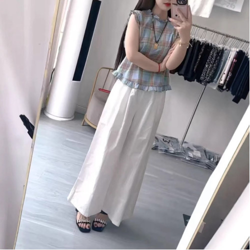 25569大愛美依緣2025夏季新絕美減齡無袖格子上衣寬松垂感長褲女