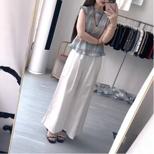 25569大愛美依緣2025夏季新絕美減齡無袖格子上衣寬松垂感長褲女