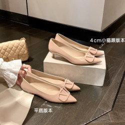 蘇茵茵同款~三個跟高~尖頭V釦小貓跟高跟單鞋女平底鞋ol通勤