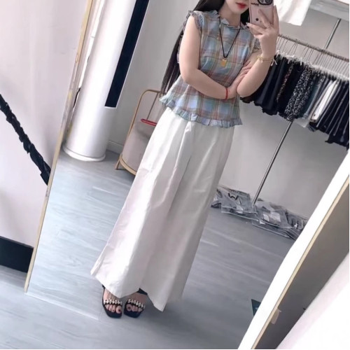 25569大愛美依緣2025夏季新絕美減齡無袖格子上衣寬松垂感長褲女