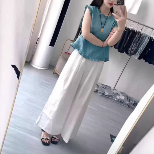 25569大愛美依緣2025夏季新絕美減齡無袖格子上衣寬松垂感長褲女