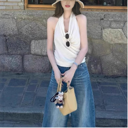 韓系白色掛脖v領背心吊帶女夏季外穿小個子修身高腰短款無袖上衣
