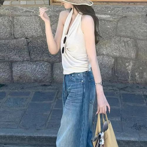 韓系白色掛脖v領背心吊帶女夏季外穿小個子修身高腰短款無袖上衣