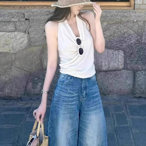 韓系白色掛脖v領背心吊帶女夏季外穿小個子修身高腰短款無袖上衣