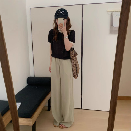 萊賽爾冰絲亞麻彎刀褲春夏款簡約百搭濶腿褲休閒直筒垂墜感拖地褲