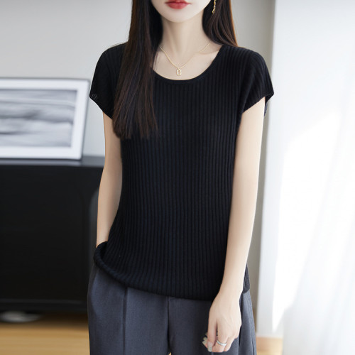 天絲萊賽爾圓領針織短袖t恤女夏季亞麻簡約抽繩坑條新款上衣