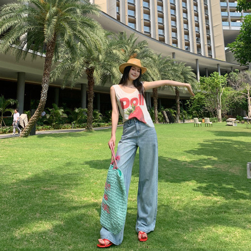 天絲牛仔褲女薄款垂感拖地褲寬松顯瘦冰絲涼涼褲高腰百搭濶腿褲子