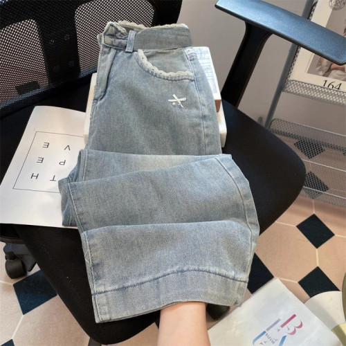 小衆蕾絲花邊蝴蝶結牛仔褲女2025夏季新款高腰顯瘦直筒濶腿長褲子