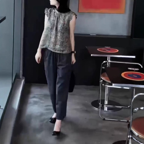 25581大愛美依緣2025夏季新款設計感荷葉邊寬松上衣高腰休閒褲女