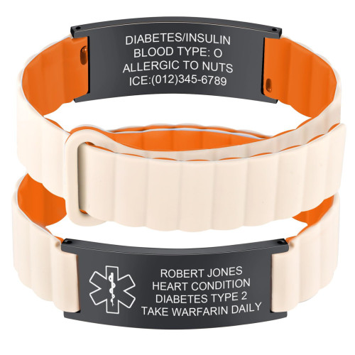 鋼色不鏽鋼刻字手鏈多色矽膠錶帶不鏽鋼彎牌手鏈醫療信息警示手鏈