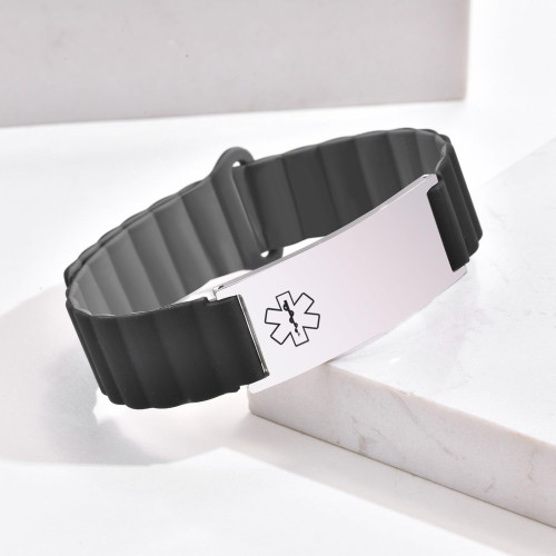 鋼色不鏽鋼刻字手鏈多色矽膠錶帶不鏽鋼彎牌手鏈醫療信息警示手鏈