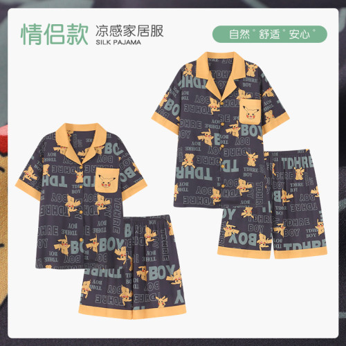 情侶睡衣2025新款夏季冰絲一男一女短袖可外穿卡通薄款家居服套裝