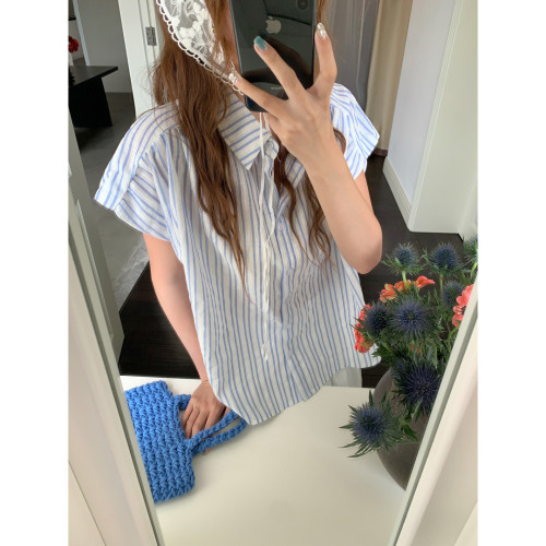 GAGD 法式條紋短袖襯衫女 復古設計感小衆氣質寬松短袖襯衣夏