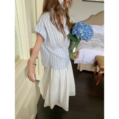 GAGD 法式條紋短袖襯衫女 復古設計感小衆氣質寬松短袖襯衣夏