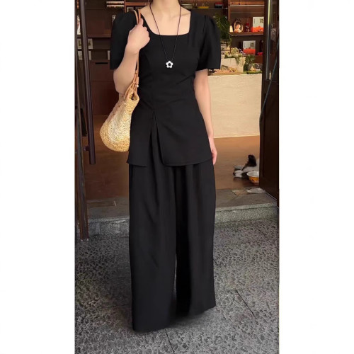 2852大碼女裝穿搭一整套方領開叉短袖上衣胖mm松緊濶腿褲套裝