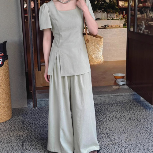 2852大碼女裝穿搭一整套方領開叉短袖上衣胖mm松緊濶腿褲套裝