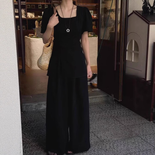 2852大碼女裝穿搭一整套方領開叉短袖上衣胖mm松緊濶腿褲套裝