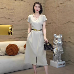 預售2857大碼女裝韓版收腰顯瘦氣質優雅V領連衣裙胖mm小衆設計裙