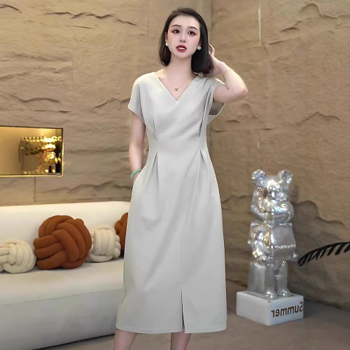 預售2857大碼女裝韓版收腰顯瘦氣質優雅V領連衣裙胖mm小衆設計裙
