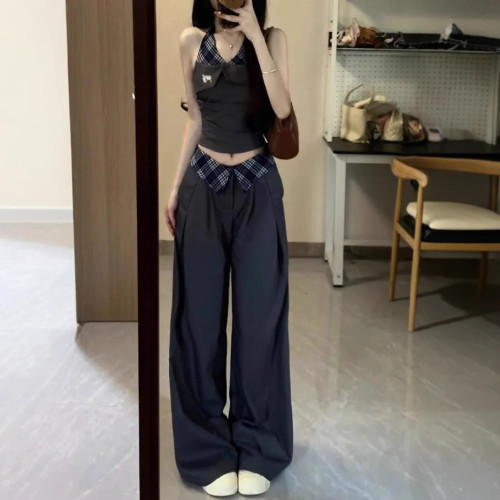 夏日絕美套裝穿搭女夏季2025新款辣妹高級感掛脖背心濶腿褲兩件套