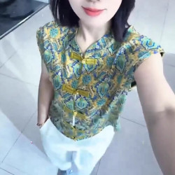 25592大愛美依緣2025夏季新款時尚中式復古文印無袖盤釦打底衫女