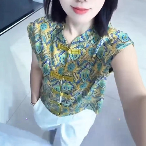 25592大愛美依緣2025夏季新款時尚中式復古文印無袖盤釦打底衫女
