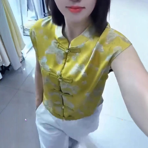 25592大愛美依緣2025夏季新款時尚中式復古文印無袖盤釦打底衫女