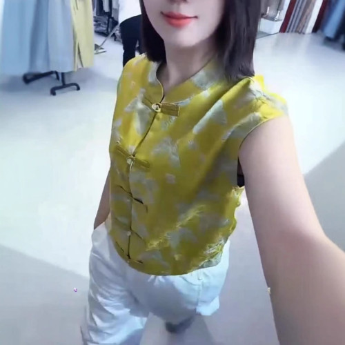 25592大愛美依緣2025夏季新款時尚中式復古文印無袖盤釦打底衫女