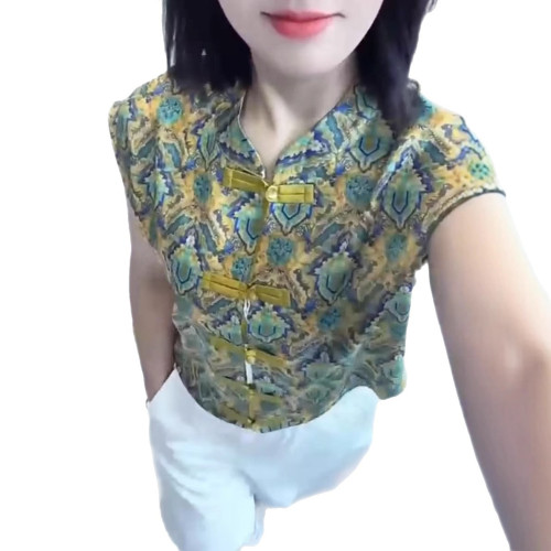 25592大愛美依緣2025夏季新款時尚中式復古文印無袖盤釦打底衫女