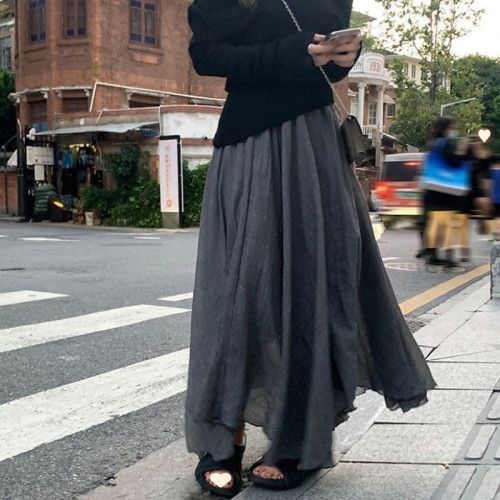 雙層棉麻半身裙文藝夏季民族亞麻中長款裙子春秋大碼舞蹈大擺長裙