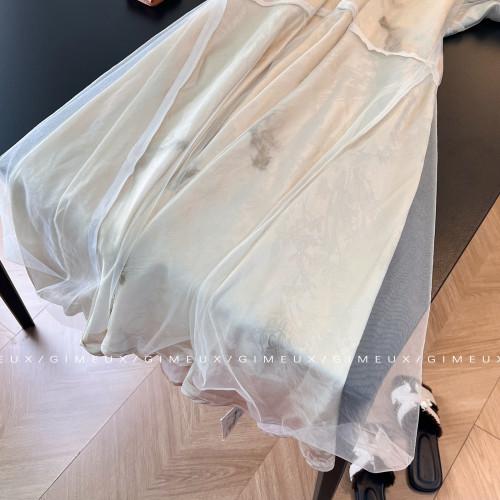 復古高級新中式V領夏季慵懶寬松國風長裙雙層紗仙女連衣裙女
