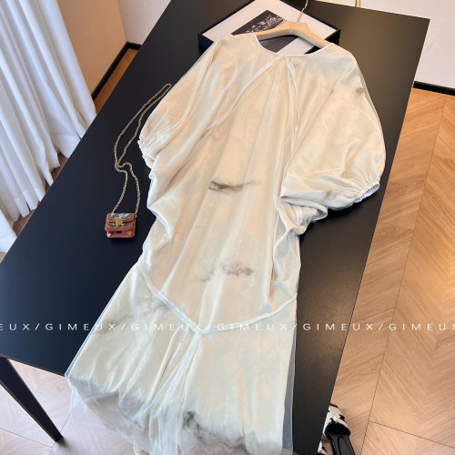 復古高級新中式V領夏季慵懶寬松國風長裙雙層紗仙女連衣裙女