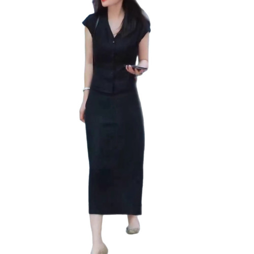 25629大愛美依緣2025夏季新款純色V領收腰上衣開叉半身裙兩件套女