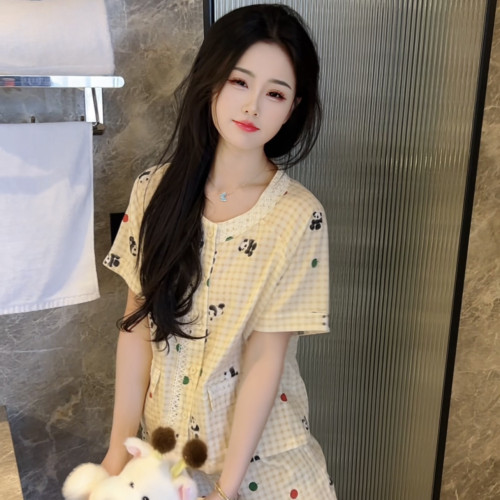 夏季休閒顯瘦雙層純棉紗親膚透氣睡衣套裝女短袖家居服可外穿寬松