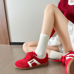 楊冪同款小音符新款復古紅色德訓鞋女通勤軟底真皮休閒運動單鞋