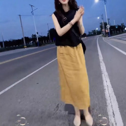 25633新大愛美依緣2025夏季新款時尚黑色無袖上衣垂墜感半身裙女